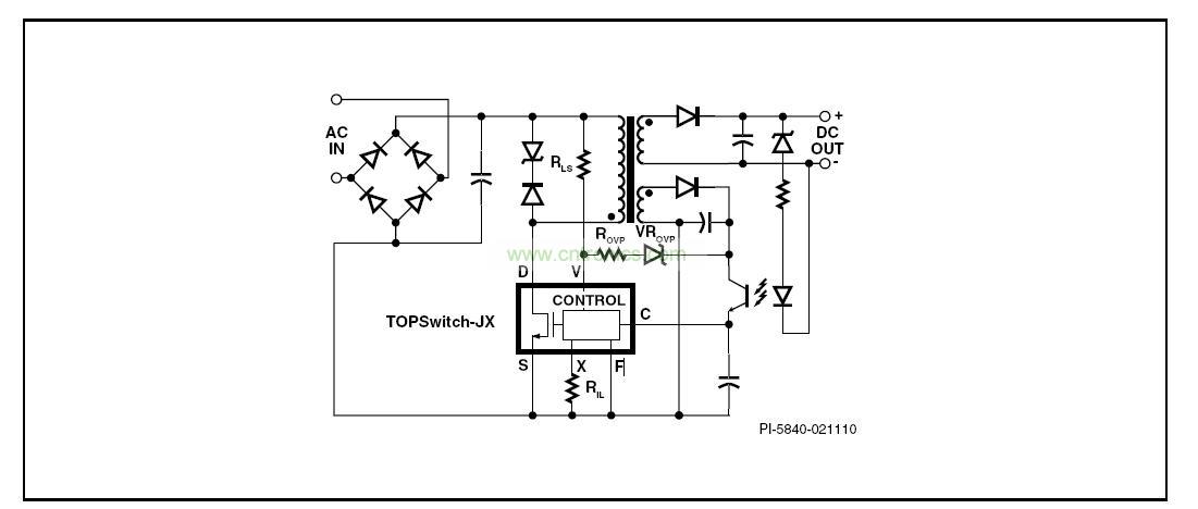 圖 1. 具有初級(jí)檢測(cè)的輸出過(guò)壓保護(hù)、輸入欠壓鎖存、輸入過(guò)壓關(guān)斷及可設(shè)定流限值功能的典型TOPSwitch-JX反激式電源