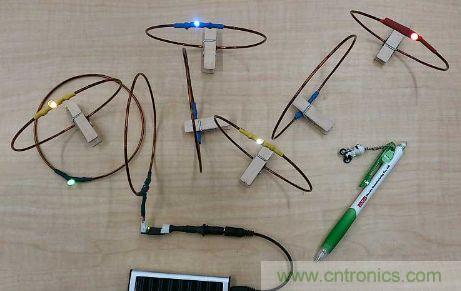 用來驗證&ldquo;直流共振方式&rdquo;的試制系統(tǒng)。在線圈間傳輸電力，點亮LED