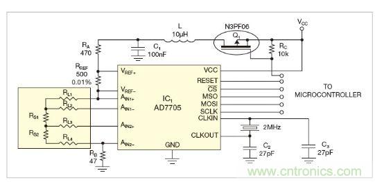 圖1：測量電路測三個點的值，微控制器就可以計算出傳感器值