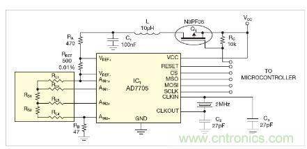 圖1：測量電路測三個點的值，微控制器就可以計算出傳感器值。