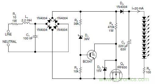 圖2：斬波工作類似圖1中的電路，但以較大的LED串聯(lián)電阻代替了恒流源，提供限流功能