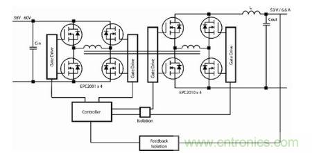 圖3：使用eGaN FET實現(xiàn)全橋同步整流(FBSR)(兩個半磚、交錯式250kHz轉(zhuǎn)換器)的350W全穩(wěn)壓的相移全橋(PSFB)拓撲。