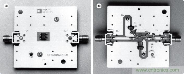圖14. AD8001AR評估板&mdash;俯視圖(a)和仰視圖(b)。