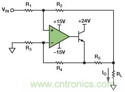 圖1. 改進(jìn)型Howland電流源驅(qū)動接地負(fù)載。