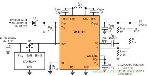圖7：LTC3115-1與LTC4412HV相結(jié)合，以獲得由單節(jié)鋰離子電池和未穩(wěn)壓交流適配器提供的雙輸入5V電源