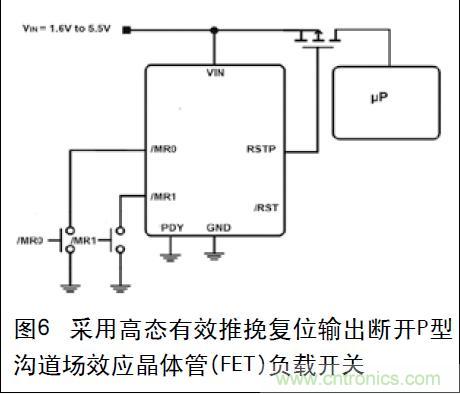 圖6 采用高態(tài)有效推挽復位輸出斷開P型溝道場效應(yīng)晶體管(FET)負載開關(guān)
