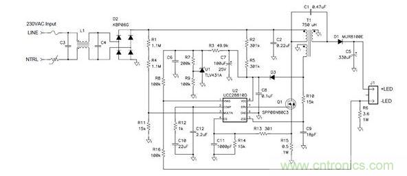 該拓?fù)洳粌H可提供良好功率因數(shù)，而且還符合EN61000-3-2C類標(biāo)準(zhǔn)