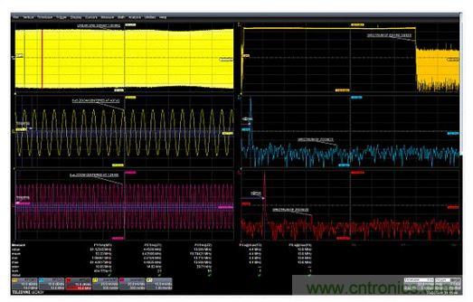 使用縮放功能選通FFT的例子。在437&mu;s和1.42ms處采集的兩個5&mu;s縮放波形顯示了作為時間函數(shù)的頻率的差別。