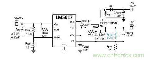 基于 LM5017 的 Fly-Buck 轉(zhuǎn)換器電路，沒有基于光耦合器的穩(wěn)壓電路