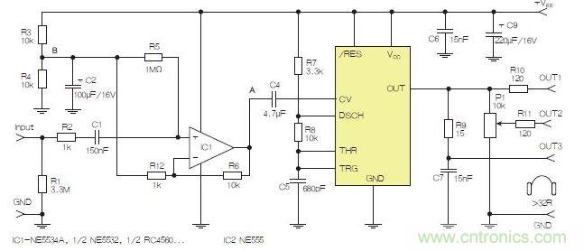 含運(yùn)算放大器和NE555定時器的耳機(jī)和音頻線路驅(qū)動器。也可以使用CMOS版本(如LMC555)，但輸出電流較低。其優(yōu)點(diǎn)為工作頻率較高。