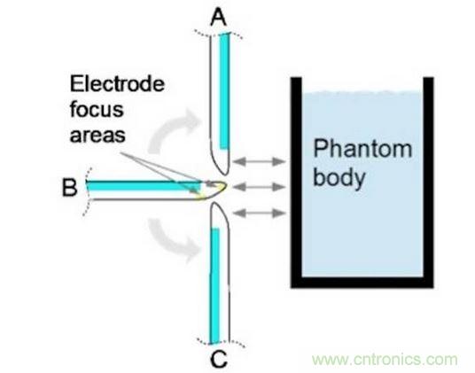 相對(duì)于假想體測(cè)試角的電極焦點(diǎn)區(qū)域。