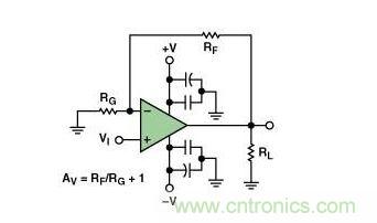 典型的運(yùn)算放大器電路，(a)原設(shè)計圖，(b)考慮寄生效應(yīng)后的圖