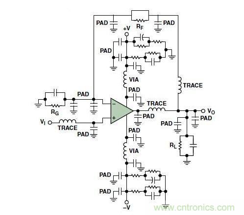 典型的運(yùn)算放大器電路，(a)原設(shè)計圖，(b)考慮寄生效應(yīng)后的圖