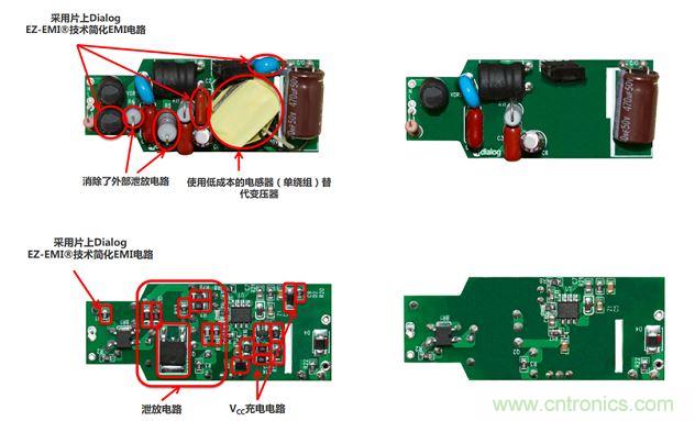 iW3688消除了20 多個(gè)外部元器件，降低BOM成本達(dá)20%~25%（左右分別為方案對(duì)比，上下為PCB正反面）