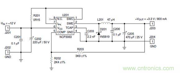 Buck電路應(yīng)用實(shí)例-輸入9～12V，輸出3.3V 800mA電路