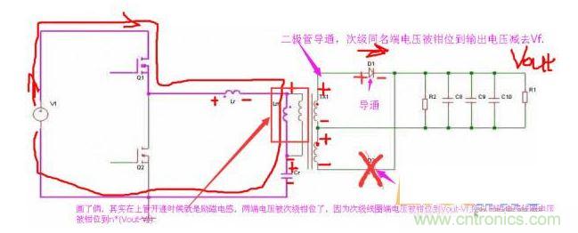 上管開通，注意諧振電感、勵磁電感、諧振電容的正負(fù)