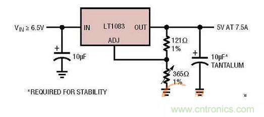 集成型線性穩(wěn)壓器實(shí)例：只有3個(gè)引腳的7.5A線性穩(wěn)壓器。
