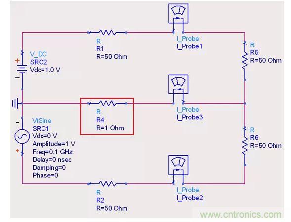 【導(dǎo)讀】說(shuō)實(shí)話，這個(gè)問(wèn)題也對(duì)高速先生造成了困擾。一直都會(huì)有人問(wèn)回流的交疊是否會(huì)造成信號(hào)之間的干擾，比如平面的上下走線重疊，回流路徑一樣時(shí)。通常會(huì)有這么幾種回答！  1.趨膚效應(yīng)導(dǎo)致電流并沒(méi)有相交；  但是在1.2mil的銅厚的情況下，10MHz以上的信號(hào)才會(huì)出現(xiàn)明顯的趨膚效應(yīng)?？磥?lái)這個(gè)解釋并不合理。  2.信號(hào)在介質(zhì)中傳遞，電磁場(chǎng)的耦合才會(huì)造成串?dāng)_；  這個(gè)說(shuō)法沒(méi)錯(cuò)，但是還是不能解開心中對(duì)電流走在同一條路徑上時(shí)，會(huì)不會(huì)造成相互之間干擾的問(wèn)題。  讓我們來(lái)做以下實(shí)驗(yàn)，搭建一個(gè)拓?fù)淙鐖D1所示： 1 圖1  環(huán)路1由一個(gè)DC1.0V供電，表示我們的受干擾線，電流表1測(cè)量路徑1上的電流。  環(huán)路2由一個(gè)100MHz的AC1.0V供電，表示我們的干擾源，電流表2測(cè)量路徑2上的電流。  電流表3測(cè)量回流路徑上的電流。  這樣一個(gè)結(jié)構(gòu)，得到的結(jié)果是如何呢？如圖2所示： 2 圖2  可以看到，我們的被干擾源就是一個(gè)干凈的直線，雖然環(huán)路1和環(huán)路2在回流路徑上電流交疊，但是他們相互之間并不影響。其實(shí)這不就是基爾霍夫定律嗎。  有人會(huì)試圖從電磁場(chǎng)的角度來(lái)否定基爾霍夫定律在這里的正確性，&ldquo;回流路徑也會(huì)產(chǎn)生電磁場(chǎng)，這些電磁場(chǎng)會(huì)與其他的回流路徑相互影響&rdquo;。但事實(shí)上是，回流路徑與回流路徑之間是沒(méi)有耦合途徑的，他們?cè)谕粋€(gè)平面上，沒(méi)有容性耦合，也沒(méi)有感性耦合。  那么是否回流就不會(huì)影響我們的信號(hào)質(zhì)量了呢？當(dāng)然是會(huì)影響的。  其實(shí)在圖1的實(shí)驗(yàn)中，筆者討了個(gè)巧，將地平面各個(gè)短路點(diǎn)之間的阻抗當(dāng)成了0，但實(shí)際上，地平面的各個(gè)不同的點(diǎn)之間是有轉(zhuǎn)移阻抗的。讓我們模擬實(shí)際情況再看看圖3： 3 圖3  這時(shí)候我們假設(shè)我們的地平面是有1&Omega;電阻的。（當(dāng)然這是為了實(shí)驗(yàn)效果，實(shí)際上地平面阻抗并不會(huì)有這么大），結(jié)果如圖4： 4 圖4  是的，干擾出現(xiàn)了。這個(gè)干擾并不是來(lái)自于回流路徑之間的電流耦合，而是來(lái)自于我們地平面本身由于有轉(zhuǎn)移阻抗的存在，導(dǎo)致回流流經(jīng)地平面時(shí)，造成地平面并不是一個(gè)完美的0電平。  回流就是這樣干擾我們的信號(hào)的，也就是我們所說(shuō)的地彈。