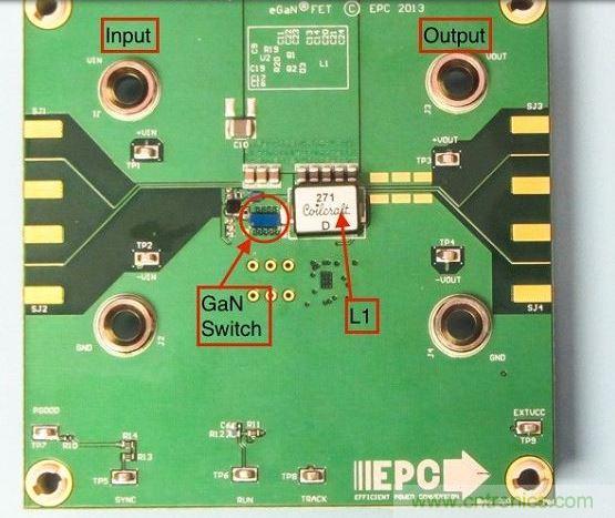 演示板用于顯示GaN的EMI。該GaN組件被圈定，我會在L1左側(cè)測量切換的波形。