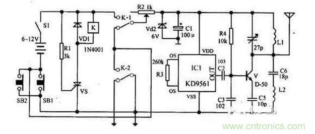 【導(dǎo)讀】隨著環(huán)保意識(shí)的增強(qiáng)，電動(dòng)車已大量進(jìn)入我們家庭，成為部分人必不可少的交通工具。如何防止電動(dòng)車被盜則是車主十分關(guān)心的問(wèn)題，為此，出現(xiàn)了各類電動(dòng)車防盜鎖。除此之外呢？還有什么好的方法防盜呢？我們?yōu)榇蠹医榻B一款電動(dòng)車防盜報(bào)警器電路圖。  各類電動(dòng)車防盜鎖大量涌出，但是，電動(dòng)車被盜現(xiàn)象仍層出不窮，較高級(jí)的電動(dòng)車防盜鎖在短時(shí)間內(nèi)難以破壞，盜賊便將電動(dòng)車搬上其它車輛上盜走，這樣，再高級(jí)的防盜鎖也顯得無(wú)能為力了。鑒于此，我們?yōu)榇蠹医榻B一款電動(dòng)車防盜報(bào)警器電路圖。 1 報(bào)警器發(fā)射機(jī)部分是由繼電器K和可控硅VS用來(lái)控制發(fā)射機(jī)電路的電源。IC1組成警聲信號(hào)電路。晶體管V及其外圍元件組成射頻振蕩電路，發(fā)射報(bào)警信號(hào)。  在等待狀態(tài)時(shí)，開關(guān)S1接通，而SB1斷開（即車頭鎖被鎖住），K就處在釋放狀態(tài)，報(bào)警發(fā)射機(jī)不工作。當(dāng)車頭鎖被打開時(shí)（即SB1接通），VS被觸發(fā)導(dǎo)通，K吸合，接通發(fā)射機(jī)電源。SB1接通后，K-2的常開點(diǎn)將其自鎖，此時(shí)只有斷開S1報(bào)警方能結(jié)束。在K動(dòng)作時(shí)，其常閉觸點(diǎn)K-l斷開，切斷發(fā)動(dòng)機(jī)點(diǎn)火電路。  接收機(jī)電路由TDA7010和開關(guān)功放TWH8778、TWH68組成。當(dāng)IC2 收到報(bào)警信號(hào)時(shí)其互腳的高電平通過(guò)IC3經(jīng)IC4放大由TWH15放出報(bào)警聲。但要考慮到頻率的穩(wěn)定性，因?yàn)?010自身沒(méi)有頻率穩(wěn)定電路，在工作時(shí)要多作檢測(cè)，最好用印制板和貼片元件。  按上述操作方法停放車輛后，報(bào)警器即進(jìn)入待報(bào)警狀態(tài)。在待報(bào)警期間，只要有人無(wú)論用什么方法打開車頭鎖或搬移車輛，都將觸發(fā)報(bào)警器報(bào)警不停，并切斷發(fā)動(dòng)機(jī)電源使車輛無(wú)法起動(dòng)，直至車主人趕來(lái)將點(diǎn)火鑰匙插入點(diǎn)火鎖內(nèi)轉(zhuǎn)到關(guān)的位置，報(bào)警才能解除。