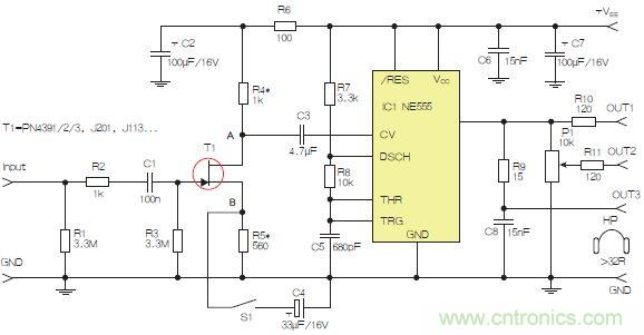 圖2：含JFET輸入和NE555的耳機/線路驅(qū)動器。