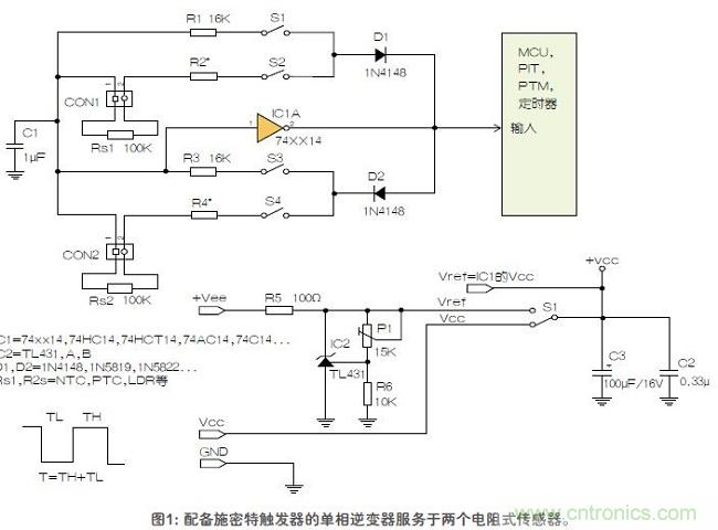如何用單個(gè)施密特觸發(fā)器測(cè)量?jī)蓚€(gè)電阻式傳感器或多個(gè)開(kāi)關(guān)？