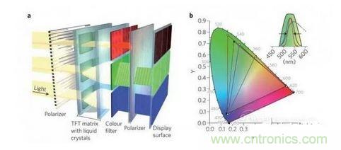  LCD顯示器示意圖。TFT表示薄膜晶體管（thin-film transistor）。