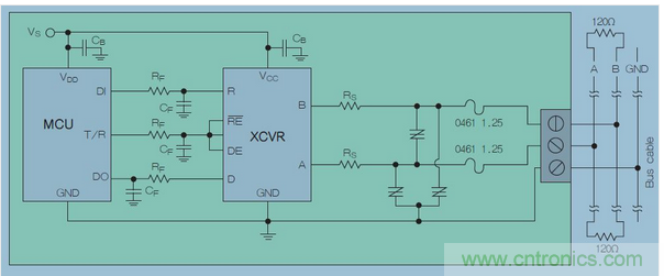 在高暴露環(huán)境中的RS-485總線的電路保護(hù)示意圖中，上圖類似&ldquo;Z&rdquo;字形的符號(hào)可代表多種過壓保護(hù)解決方案，包括Q2L系列SIDACtor保護(hù)晶閘管(圖7)。