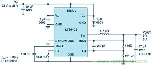 42 V、6 A（峰值7 A）、超低EMI輻射、高效率降壓型穩(wěn)壓器