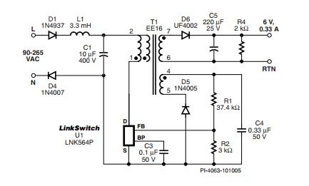 LinkSwitch-LP 系列旨在取代手機(jī)/無繩電話、PDA、數(shù)碼相機(jī)和便攜式音頻播放器等應(yīng)用中輸出功率 < 2.5 W 的低效線頻線性變壓器電源。LinkSwitch-LP 還可用作白色家電等應(yīng)用中的輔助電源。  LinkSwitch-LP 將高壓功率 MOSFET 開關(guān)與 ON/OFF 控制器集成在一個(gè)設(shè)備中。它完全由漏極引腳自供電，具有低 EMI 的抖動(dòng)開關(guān)頻率，并且具有全面的故障保護(hù)。自動(dòng)重啟可限制過載和輸出短路條件下的器件和電路耗散，而遲滯過溫保護(hù)會(huì)在熱故障期間禁用內(nèi)部 MOSFET。EcoSmart 技術(shù)使設(shè)計(jì)能夠輕松實(shí)現(xiàn) < 150 mW 的空載功耗，滿足能源效率要求。  LinkSwitch-LP 的設(shè)計(jì)目的是在輸出功率低于 2.5 W 時(shí)無需初級(jí)側(cè)鉗位電路，從而顯著減少組件數(shù)量和總系統(tǒng)成本。圖 1 顯示了基于 LinkSwitch-LP 的 2 W 電源，不帶初級(jí)側(cè)鉗位。LinkSwitch-LP 系列經(jīng)過優(yōu)化，當(dāng)變壓器上的輔助或偏置繞組提供反饋時(shí)，可提供近似的 CV/CC 輸出特性。這非常適合取代工頻變壓器的應(yīng)用，提供兼容的輸出特性，但過載、短路電流和輸入線電壓變化較小。  　  在無鉗位設(shè)計(jì)中使用 LinkSwitch-LP 的基本電路原理圖。  快速開始  　 LinkSwitch-LP 反激式設(shè)計(jì)流程圖