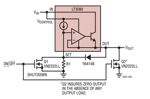 利用LT3080x電流源基準(zhǔn)線性穩(wěn)壓器停機(jī) 利用LT3080x電流源基準(zhǔn)線性穩(wěn)壓器停機(jī)
